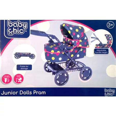 Baby Chic Junior Dolls Pram, kék játék babakocsi rózsaszín szegéllyel, színes pöttyökkel, gyerekeknek, játékbabák számára