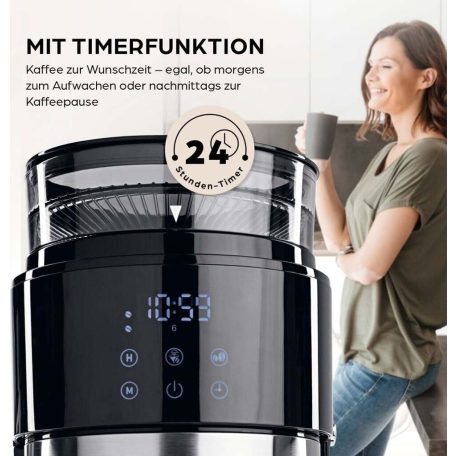 Barista DS-15301 inox-fekete 900W 1.25L darálós, digitális, filteres kávéfőző, teafőző érintőgombos LED kijelzővel, 24 órás időzítővel, 3 erősségi fokozattal, 10 csészés kapacitással