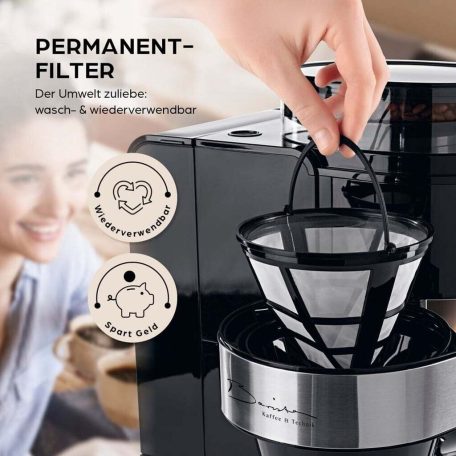 Barista DS-15301 inox-fekete 900W 1.25L darálós, digitális, filteres kávéfőző, teafőző érintőgombos LED kijelzővel, 24 órás időzítővel, 3 erősségi fokozattal, 10 csészés kapacitással