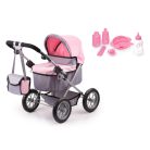 Bayer Trendy Set Deluxe 13008AE rózsaszín - szürke játék babakocsi fekvő mózeskosárral, táskával, etető és ápoló szettel 