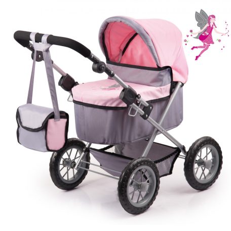 Bayer Trendy Set Deluxe 13008AE rózsaszín - szürke játék babakocsi fekvő mózeskosárral, táskával, etető és ápoló szettel 