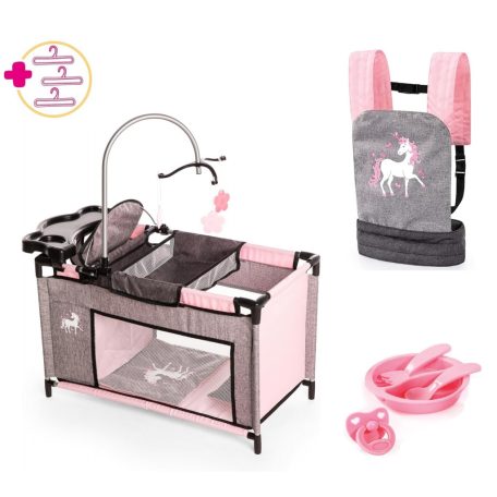 Bayer Multi Bed Set 62633AD Unikornis 56 x 33 x 48 cm rózsaszín - szürke játék kiságy szett forgóval, etetőszékkel, pelenkázó asztallal, gardróbbal, cumival, tányérral, evőeszközökkel, 3 vállfával és hordozóval