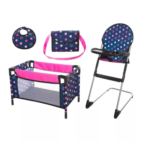 Bayer 4 in 1 Deluxe Set 63216AB Etetőszék, kiságy és táska készlet 44 x 26 x 28 cm rózsaszín - lila játék kiságy szett etetőszékkel, táskával és előkével