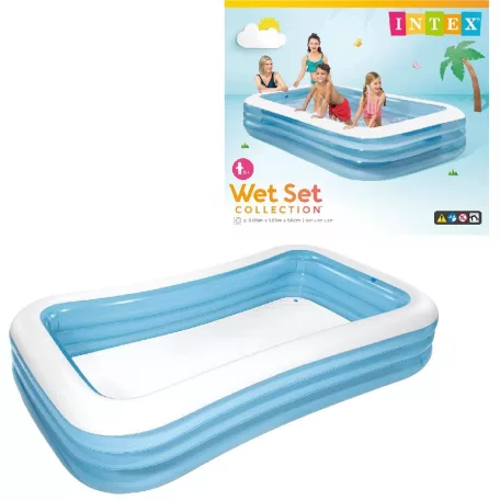 INTEX 58484 / Bestway 54009 Deluxe 305 x 183 x 56 cm nagy családi kerti felfújható pancsoló medence 3 légkamrával, 999L űrtartalommal (kék-fehér)