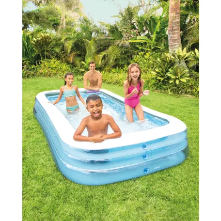 INTEX 58484 / Bestway 54009 Deluxe 305 x 183 x 56 cm nagy családi kerti felfújható pancsoló medence 3 légkamrával, 999L űrtartalommal (kék-fehér)