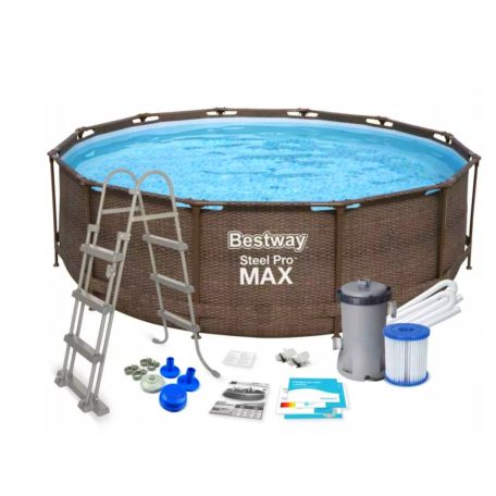 Bestway MYKONOS LUX Steel Pro MAX Superior DeLuxe RATTAN hatású 366 x 100 cm fémvázas kerti medence szett vízforgatóval és létrával FFA 201 / 56709