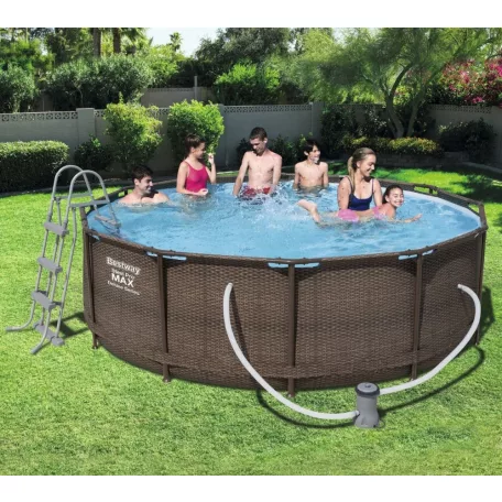 Bestway MYKONOS LUX Steel Pro MAX Superior DeLuxe RATTAN hatású 366 x 100 cm fémvázas kerti medence szett vízforgatóval és létrával FFA 201 / 56709