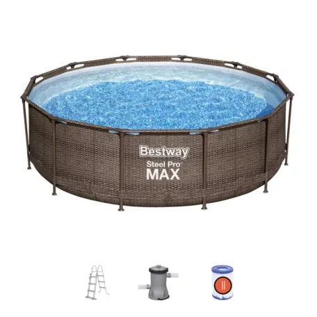 Bestway MYKONOS LUX Steel Pro MAX Superior DeLuxe RATTAN hatású 366 x 100 cm fémvázas kerti medence szett vízforgatóval és létrával FFA 201 / 56709