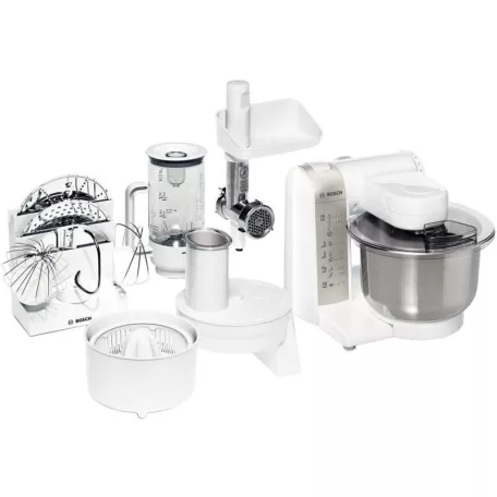 Bosch MUM4856 univerzális 600W 3.9L fehér konyhai robotgép, dagasztógép, húsdarálóval, turmixal, citruspréssel, reszelővel és aprítóval