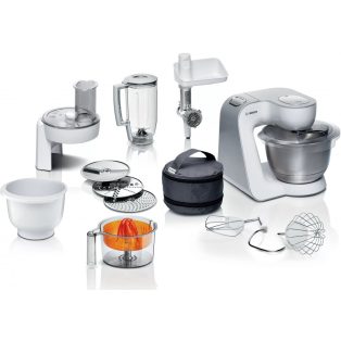   Bosch MUM58258 univerzális 1000W 3.9L fehér - ezüst konyhai robotgép, dagasztógép, 2 db keverőtállal, húsdarálóval, turmixal, citruspréssel, reszelővel és aprítóval