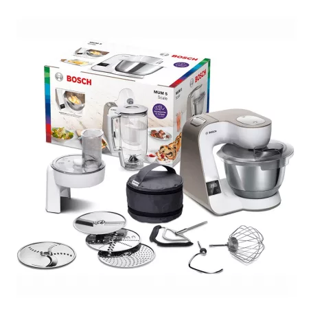 Bosch MUM5XW20 SCALE 1000W 3.9L fehér - barna konyhai robotgép, dagasztógép turmixal, reszelővel és aprítóval, beépített mérleggel