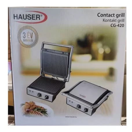 Hauser CG-420 asztali 2000W inox nemesacél kontaktgrill, kontakt grillsütő kivehető 24 x 29 cm sütőlapokkal (CG 420)