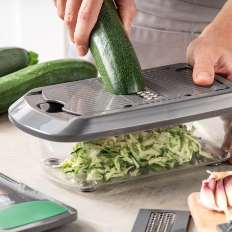 CHEFKOCH trifft by Fackelmann professzionális multiszeletelő, Slicer & Dicer 16 részes multifunkciós mechanikus aprító, szeletelő és reszelő gyűjtőtállal 