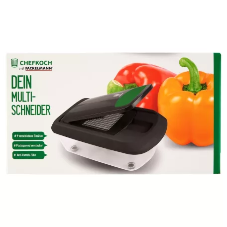 CHEFKOCH trifft by Fackelmann professzionális multiszeletelő, Slicer & Dicer 16 részes multifunkciós mechanikus aprító, szeletelő és reszelő gyűjtőtállal 