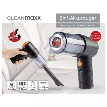 CLEANmaxx 7.4V 1800 mAh mini akkus kézi porszívó szívó és fújó funkcióval, mosható EPA filterrel, kefés toldattal