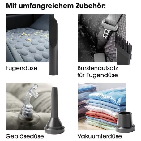 CLEANmaxx 3.7V 1200 mAh mini akkus kézi porszívó szívó és fújó funkcióval, mosható EPA filterrel, kefés toldattal, üvegtörő és övvágó funkcióval