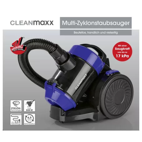 CleanMaxx 19133 Multiciklon 800W porzsák nélküli ciklon porszívó, padlóporszívó, fém teleszkópos szívócsővel és padlókefével (kék)