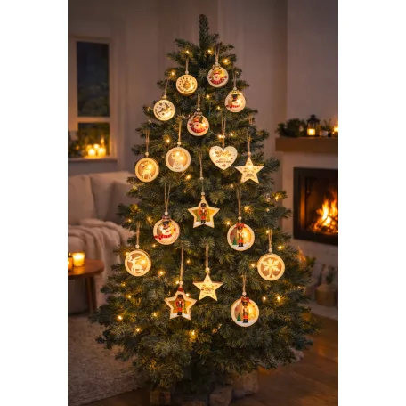 Casalux 3 darabos LED-es, elmes, világító fa medál fenyődísz, fenyőfadísz 80 x 80 x 25 mm, melegfehér fénnyel, LR44 gombelemekkel, akasztó szalaggal