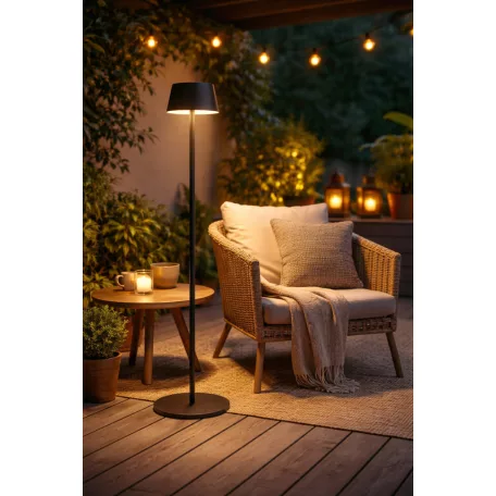 Casalux 47190 napeles solar kültéri fém álló lámpa, 8W 500 lumen 120 cm állítható magasságú fekete fém szolár állólámpa talppal és leszúrótüskével, 3.7V 3000 mAh akkuval és dimmerrel