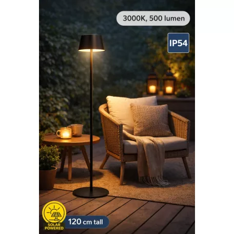 Casalux 47190 napeles solar kültéri fém álló lámpa, 8W 500 lumen 120 cm állítható magasságú fekete fém szolár állólámpa talppal és leszúrótüskével, 3.7V 3000 mAh akkuval és dimmerrel
