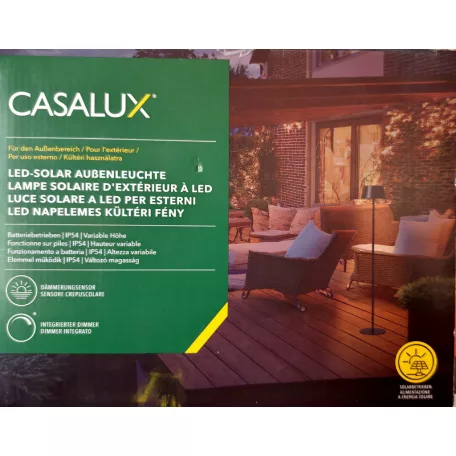 Casalux 47190 napeles solar kültéri fém álló lámpa, 8W 500 lumen 120 cm állítható magasságú fekete fém szolár állólámpa talppal és leszúrótüskével, 3.7V 3000 mAh akkuval és dimmerrel