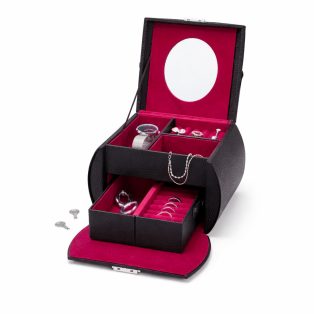   Cien / Esmara Jewellery Box - zárható, bőr hatású prémium ékszertartó doboz vörös plüss béléssel, tükörrel, óratartóval, gyűrűtartóval és kivehető fiókkal