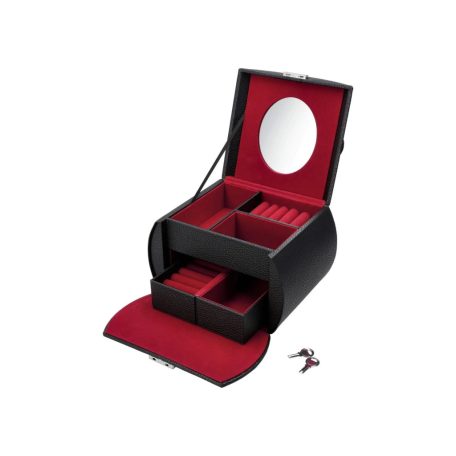Cien / Esmara Jewellery Box - zárható, bőr hatású prémium ékszertartó doboz vörös plüss béléssel, tükörrel, óratartóval, gyűrűtartóval és kivehető fiókkal