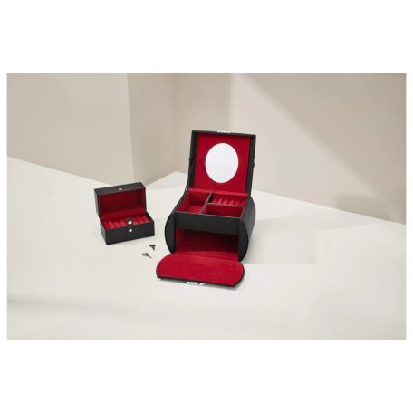 Cien / Esmara Jewellery Box - zárható, bőr hatású prémium ékszertartó doboz vörös plüss béléssel, tükörrel, óratartóval, gyűrűtartóval és kivehető fiókkal