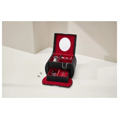 Cien / Esmara Jewellery Box - zárható, bőr hatású prémium ékszertartó doboz vörös plüss béléssel, tükörrel, óratartóval, gyűrűtartóval és kivehető fiókkal