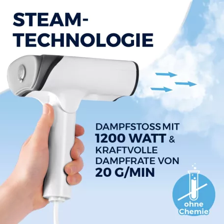CLEANmaxx 19371 Steam Brush 1200W 2 az 1-ben gőzkefe, összecsukható kézi ruhagőzölő, textilgőzölő kefe feltéttel 130 ml 20 g/perc 