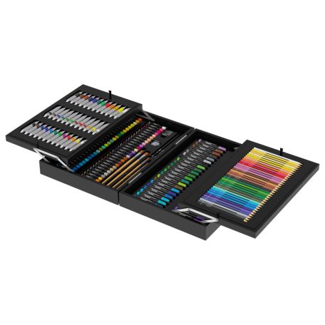 Crelando 174 részes prémium festőkoffer, festő- és rajzkészlet, 4 rekeszes elegáns fadobozban
