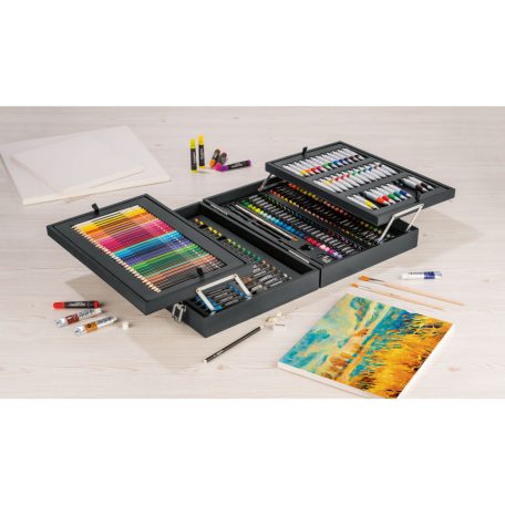 Crelando 174 részes prémium festőkoffer, festő- és rajzkészlet, 4 rekeszes elegáns fadobozban