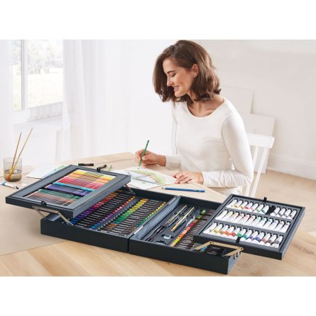 Crelando 174 részes prémium festőkoffer, festő- és rajzkészlet, 4 rekeszes elegáns fadobozban