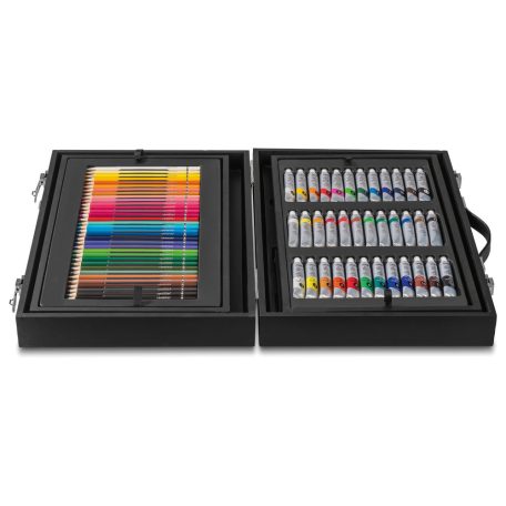 Crelando 174 részes prémium festőkoffer, festő- és rajzkészlet, 4 rekeszes elegáns fadobozban