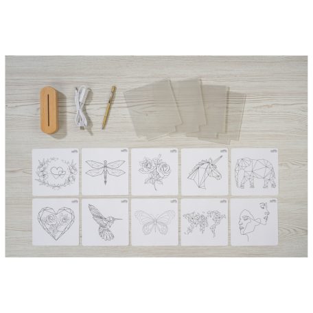 Crelando 426845 egyénileg gravírozható 17 részes LED fénydekoráció készítő barkácskészlet 4 akrillappal, 10 motivummal