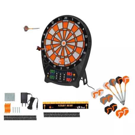 Crivit FN elektromos darts tábla 4 db világító LED kijelzővel, 3x4 dart szettel, hálózati adapterrel 100 pótheggyel (fehér-narancssárga)
