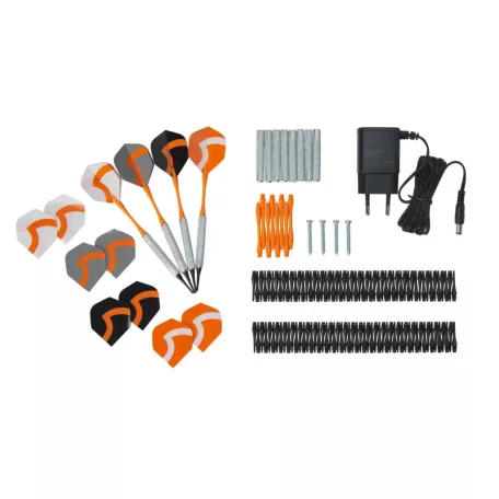 Crivit FN elektromos darts tábla 4 db világító LED kijelzővel, 3x4 dart szettel, hálózati adapterrel 100 pótheggyel (fehér-narancssárga)