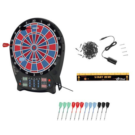 Crivit PK elektromos darts tábla 4 db világító LED kijelzővel, 3x4 dart szettel, hálózati adapterrel 100 pótheggyel (piros-kék)