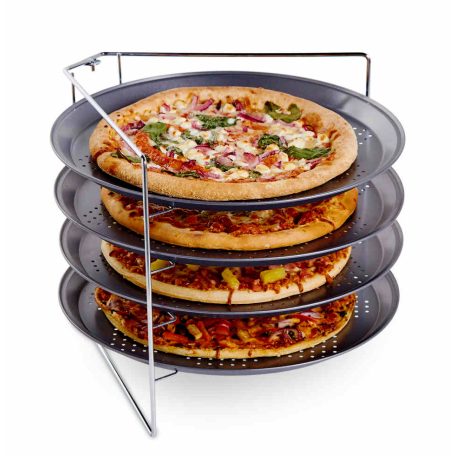 Crofton Pizza Pan Set - 4 szintes 32 cm pizzasütő serpenyő készlet, pizzakészlet tapadásmentes bevonattal, inox állvánnyal