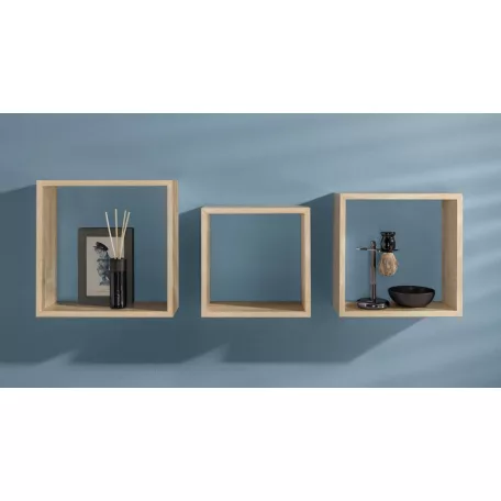 Livarno Home Cube Shelf Set, 3 darabos natúr fa polckocka készlet, kocka polc szett 23 x 23 / 25.5 x 25.5 / 28.5 x 28.5 cm