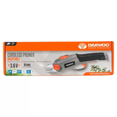 Daewoo DACP36Li 3.6V bypass akkus olló, metszőolló 1.5 Ah beépített akkumulátorral 10 mm maximális ágvastagsághoz, 30 perc munkaidőre 1 töltéssel 