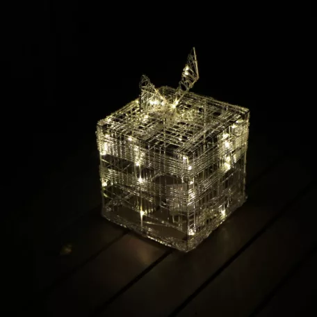 Decoration Lightning 15 x 15 x 15 cm LED-es, fém vázas, világító ajándékdoboz, karácsonyi dekoráció 30 db melegfehér leddel
