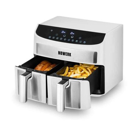 N8WERK DS-12121 XXL dupla, kétzónás, kétkosaras Air Fryer, fehér - inox forrólevegős, olajmentes olajsütő, fritőz 2400W 7L, 10 program