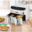 N8WERK DS-12121 XXL dupla, kétzónás, kétkosaras Air Fryer, fehér - inox forrólevegős, olajmentes olajsütő, fritőz 2400W 7L, 10 program