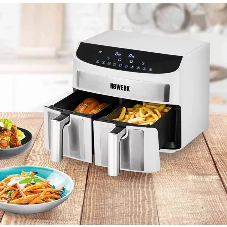 N8WERK DS-12121 XXL dupla, kétzónás, kétkosaras Air Fryer, fehér - inox forrólevegős, olajmentes olajsütő, fritőz 2400W 7L, 10 program