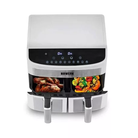 N8WERK DS-12121 XXL dupla, kétzónás, kétkosaras Air Fryer, fehér - inox forrólevegős, olajmentes olajsütő, fritőz 2400W 7L, 10 program