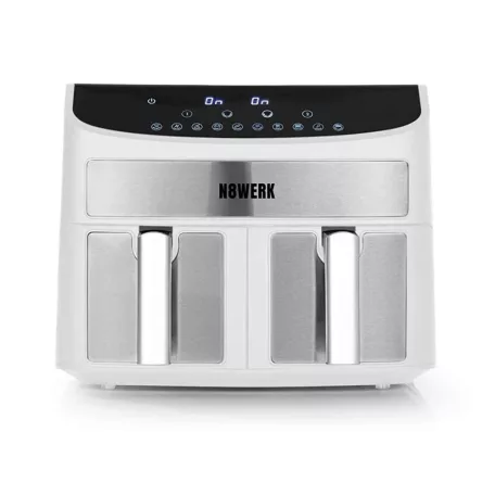 N8WERK DS-12121 XXL dupla, kétzónás, kétkosaras Air Fryer, fehér - inox forrólevegős, olajmentes olajsütő, fritőz 2400W 7L, 10 program