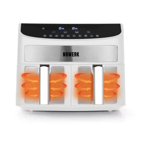 N8WERK DS-12121 XXL dupla, kétzónás, kétkosaras Air Fryer, fehér - inox forrólevegős, olajmentes olajsütő, fritőz 2400W 7L, 10 program