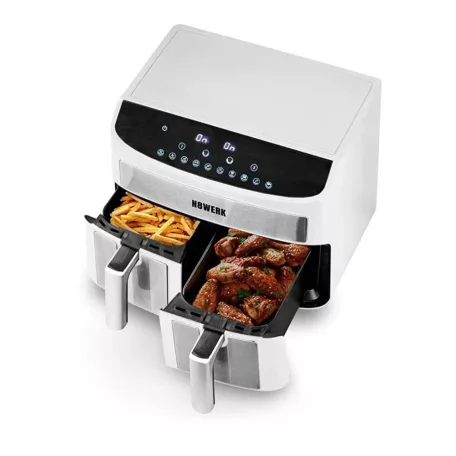 N8WERK DS-12121 XXL dupla, kétzónás, kétkosaras Air Fryer, fehér - inox forrólevegős, olajmentes olajsütő, fritőz 2400W 7L, 10 program