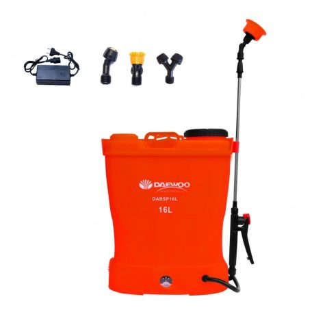 Daewoo DABSP16L 16L (16 literes) elektromos, akkumulátoros, 12V 8Ah akkus háti permetező, permetezőgép 4 szórófejjel